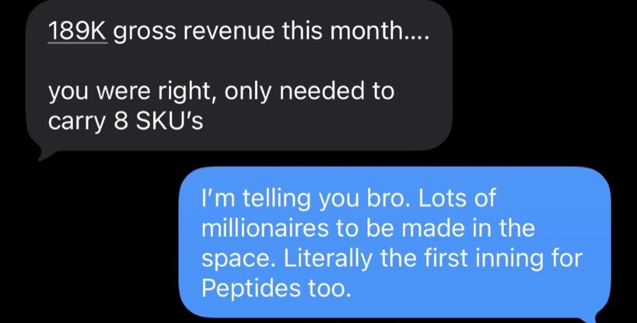 iMessage screenshot: an operator reports $189K gross revenue in a month while carrying 8 SKUs.